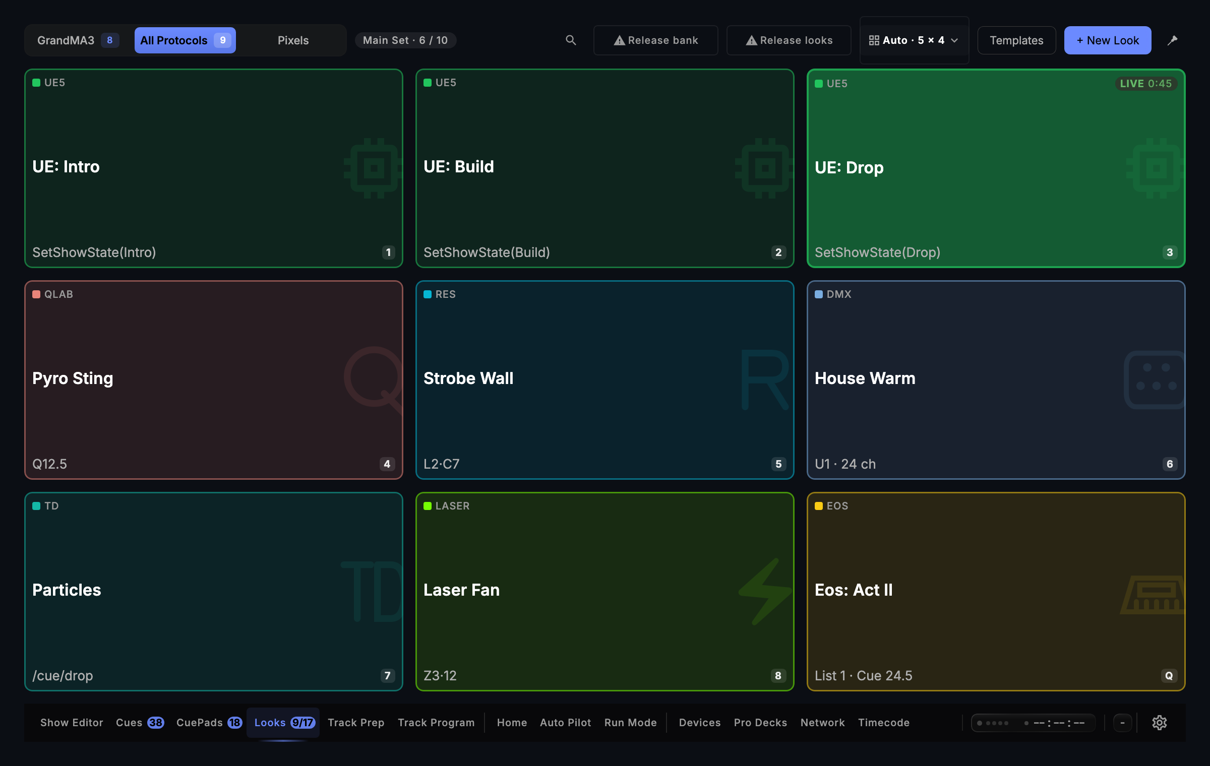 CueSync's All Protocols board: nine tiles, each naming its own target across Unreal, QLab, Resolume, DMX, OSC, laser and Eos.